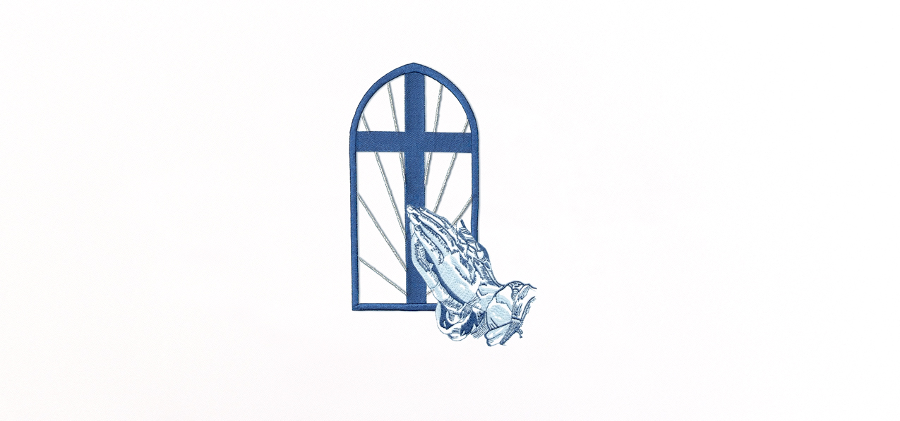 P 510 BL WT Church Window Hands Blue White Faux